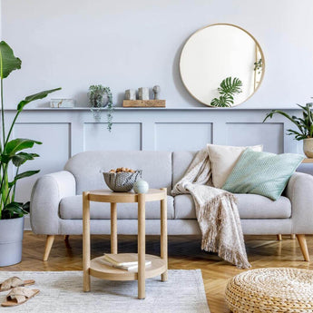 Stylish modern living room with comfortable gray sofa, indoor plants, and wooden furniture accents.