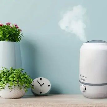 Modern home humidifier with scented mist next to potted plants on a wooden table.