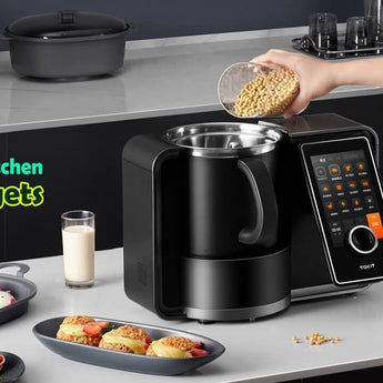 Modern kitchen gadget on counter with touchscreen, surrounded by ingredients and dishes, promoting best kitchen gadgets collection.